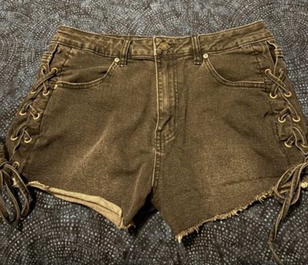 Madden NYC Women's Black Denim Cut Off Shorts 12 Mid Rise Lace-Up Sides